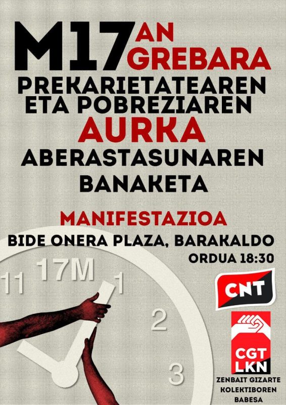 Manifiesto conjunto CNT, CGT-LKN llamando a la huelga general del 17 Marzo